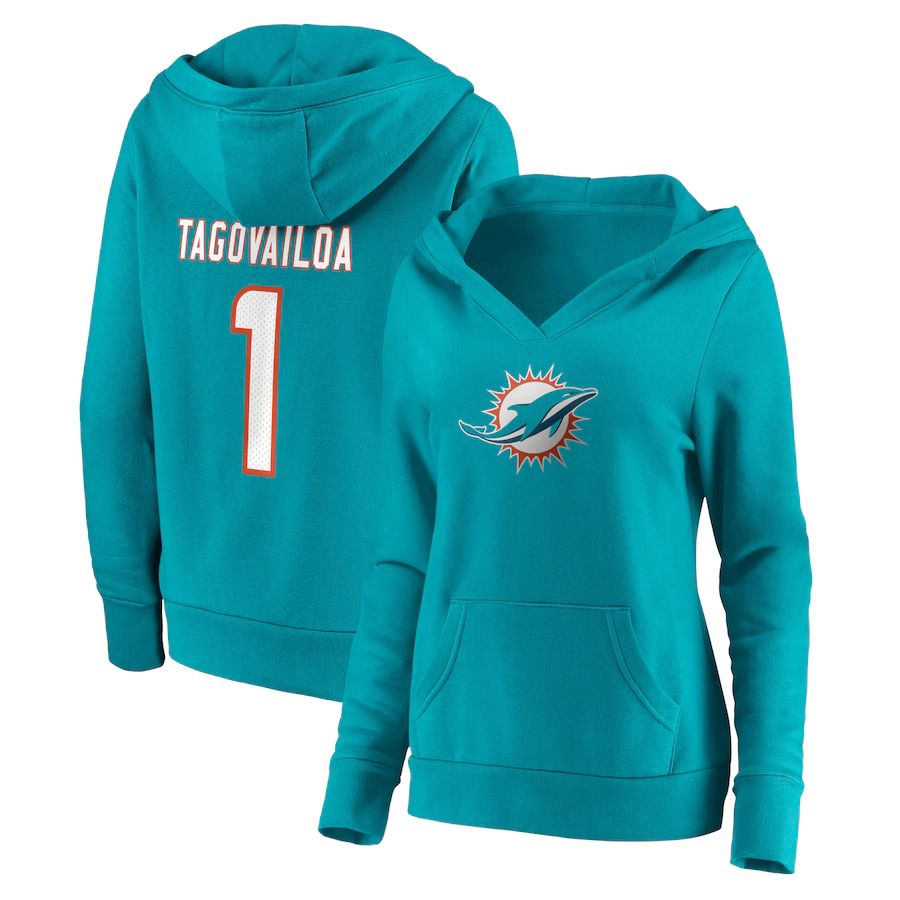Women Miami Dolphins #1 Tua Tagovailoa Fanatics Branded Aqua Player Icon Name & Number Pullover Hoodie->women nfl jersey->Women Jersey
